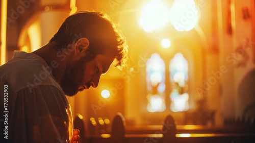 Christian catholic man prey in church wallpaper background