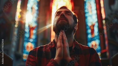 Christian catholic man prey in church wallpaper background