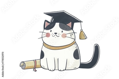 Illustration of a cat wearing a graduation cap. graduation. master's degree. bachelor.