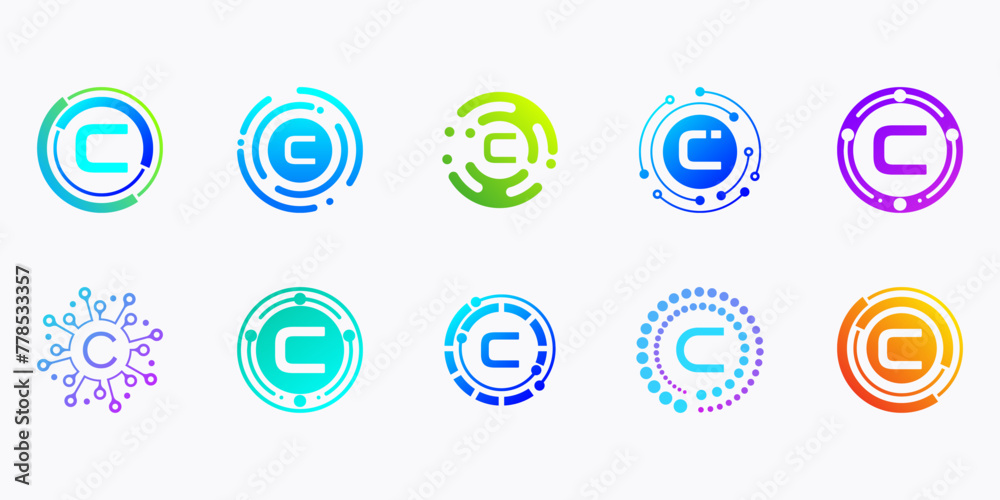 Collection of creative modern digital technology letter C logos. logo can be used for technology, digital, connection, data, electricity companies.