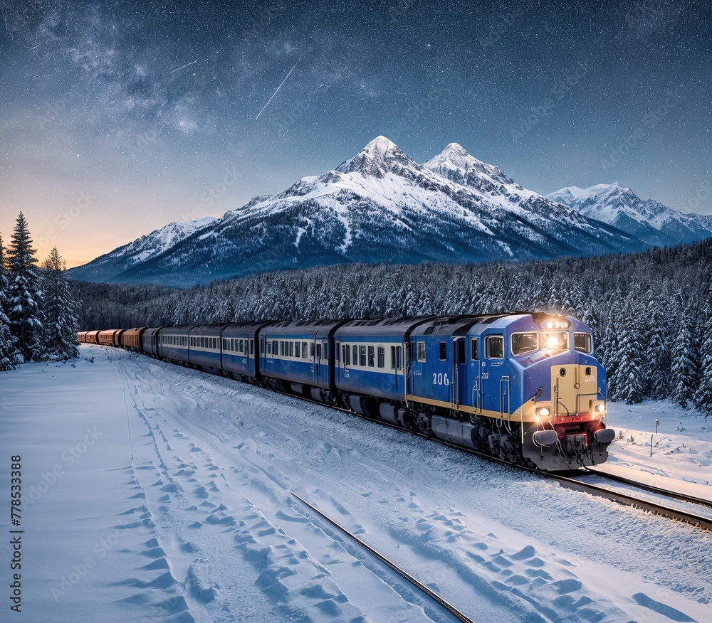 A train traveling through a snowy landscape with mountains in the background.