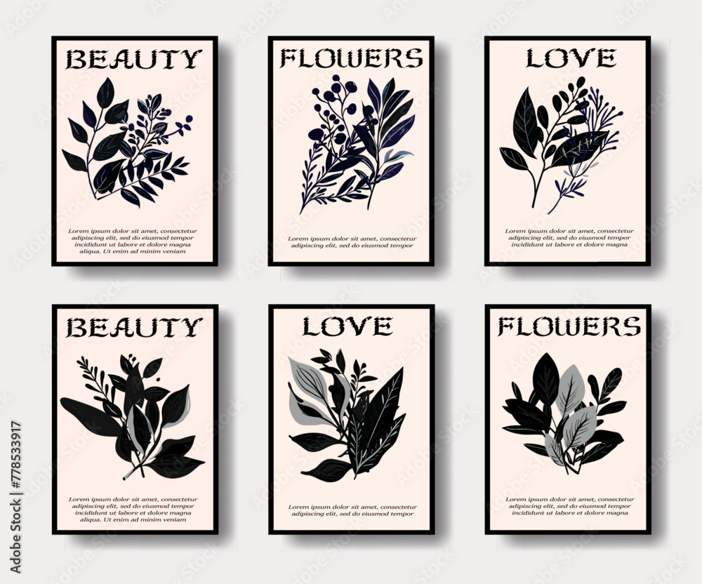 Black and white floral posters in modern scandinavian trendy minimal style. Design template for wallpaper, wall decor, print, postcard, cover. Black and white floral posters in modern scandinavian trendy minimal style. Design template for wallpaper, wall decor, print, postcard, cover.