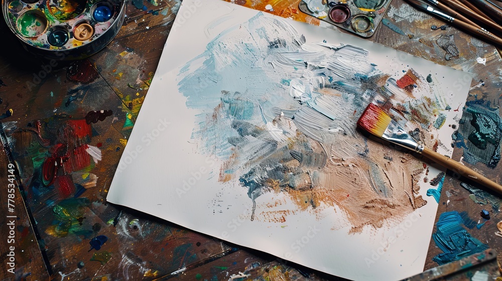 Table with paintings brush and sketchbook empty sheet top view wallpaper background Table with paintings brush and sketchbook empty sheet top view wallpaper background