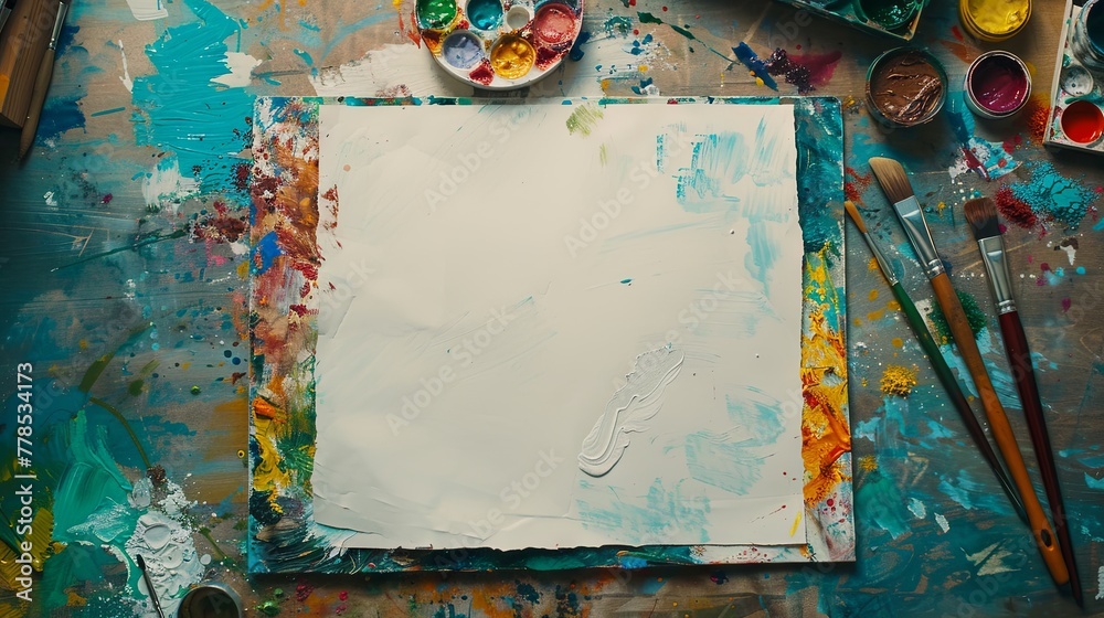 Table with paintings brush and sketchbook empty sheet top view wallpaper background Table with paintings brush and sketchbook empty sheet top view wallpaper background
