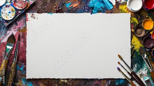 Table with paintings brush and sketchbook empty sheet top view wallpaper background