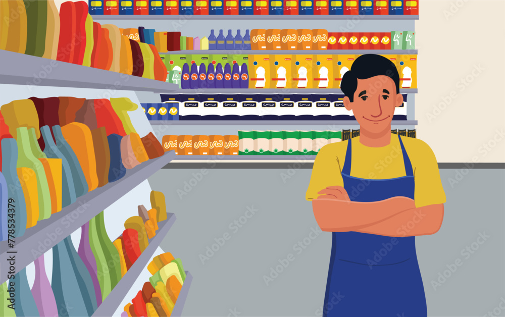 ILUSTRACION DIGITAL DE UN EMPLEADO DE SUPERMERCADO CON LOS BRAZOS CRUZADOS