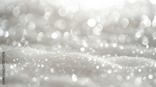 An abstract, defocused background in a luminous pearl white, with subtle, shimmering silver bokeh lights, 