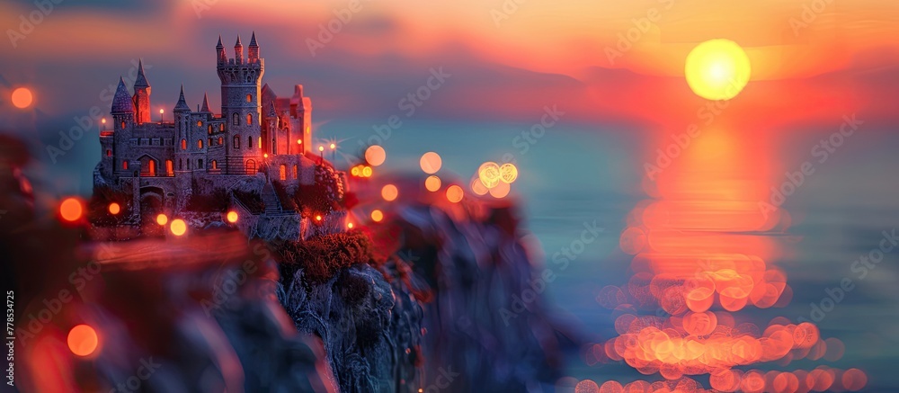 D Clay Castle Overlooking Vivid Sunset Bokeh Lights