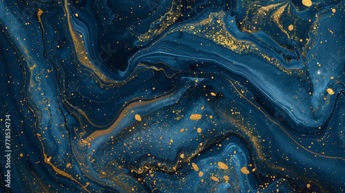 A liquid abstract marble painting background with a deep, oceanic blue base and gold glitter splatter, mimicking the majestic beauty of a starlit ocean, captured in mesmerizing full ultra HD detail.