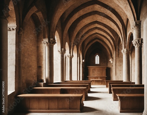 A large, empty church with high ceilings and arched windows. photo