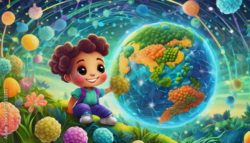 OIL PAINTING STYLE CARTOON CHARACTER CUTE baby global internet work.World map 