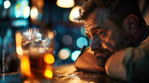Sad drunk man sitting in bar and drink. Life problems concept © Irina