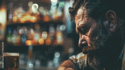 Sad drunk man sitting in bar and drink. Life problems concept photo