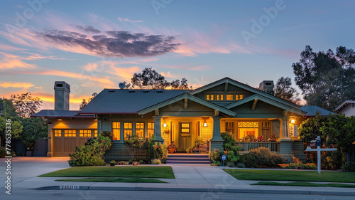 Evening's quiet beauty reflected in a pale olive Craftsman style house, suburban streets growing silent as the day concludes, skies blending colors of sunset