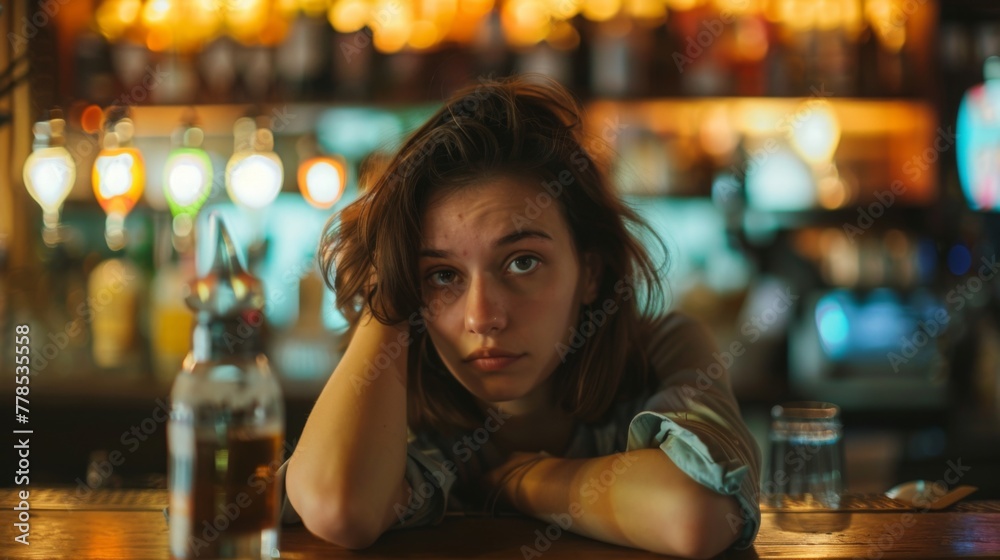 Sad drunk woman sitting in bar and drink. Life problems concept Sad drunk woman sitting in bar and drink. Life problems concept