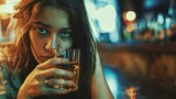 Sad drunk woman sitting in bar and drink. Life problems concept