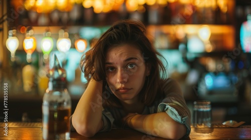 Sad drunk woman sitting in bar and drink. Life problems concept