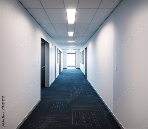 An empty corridor with white walls and gray carpet.