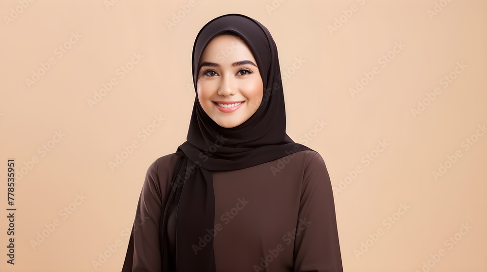 Close-up portrait of attractive arabic woman wearing scarf on brown background. Business concept Close-up portrait of attractive arabic woman wearing scarf on brown background. Business concept