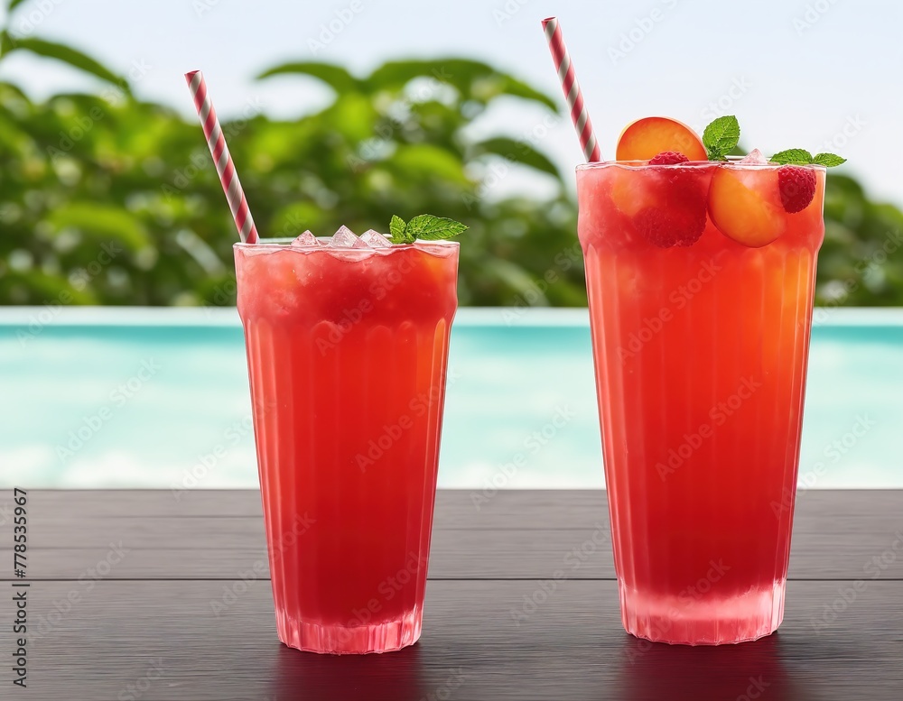 Two glasses of pink drinks with ice and straws on a table next to a pool. Two glasses of pink drinks with ice and straws on a table next to a pool.
