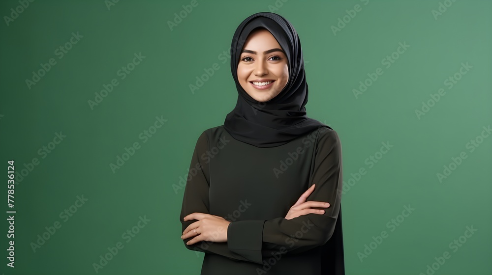Close-up portrait of attractive arabic woman wearing scarf and crossing hand on green background. Business concept Close-up portrait of attractive arabic woman wearing scarf and crossing hand on green background. Business concept
