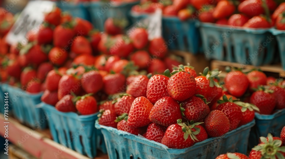 Strawberry berry fruit on farm supermarket shelf wallpaper background