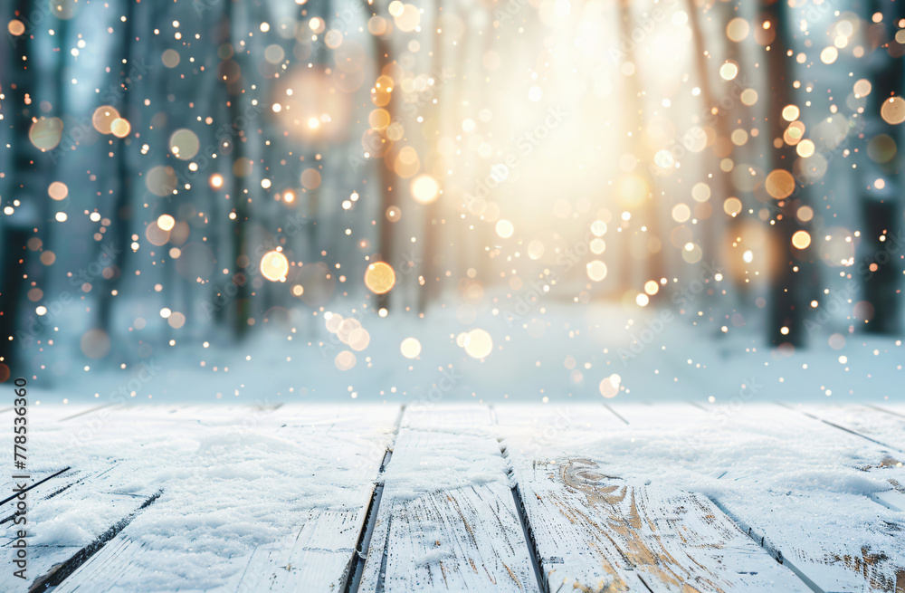 Abstract blurred background with a white wooden table top and a winter forest landscape with bokeh lights. Concept for product display, branding or a montage of products in the holiday season. Abstract blurred background with a white wooden table top and a winter forest landscape with bokeh lights. Concept for product display, branding or a montage of products in the holiday season.