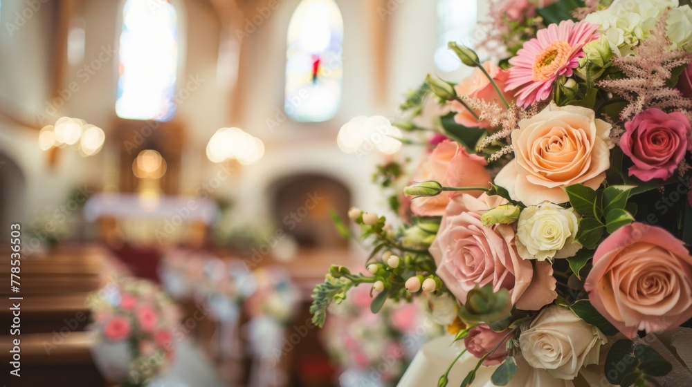 Fototapeta premium Decorating wedding church ceremony interior wallpaper background