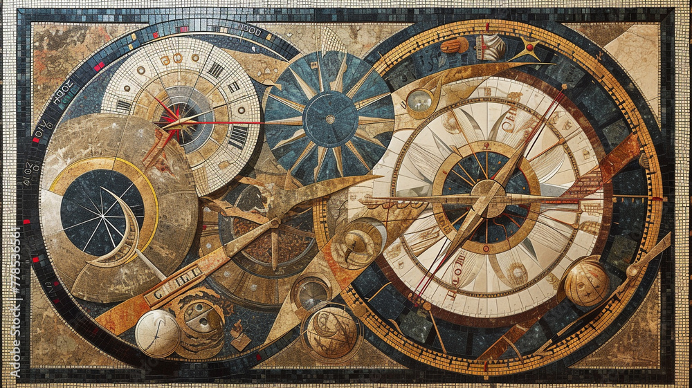 An intricate depiction of ancient astrolabes and sundials in a mesmerizing modern marble mosaic design