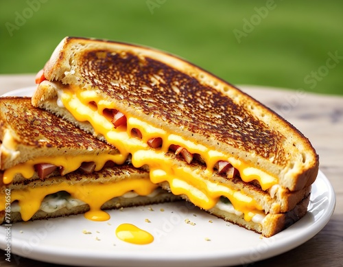 A grilled cheese sandwich with melted cheese and ham on a plate. photo