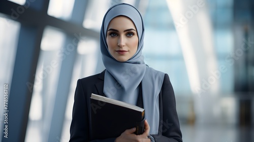 Beautiful muslim woman in hijab holding book outdoor. business concept