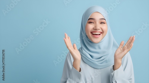 Close-up portrait of attractive south east asia woman wearing scarf on blue background. Business concept