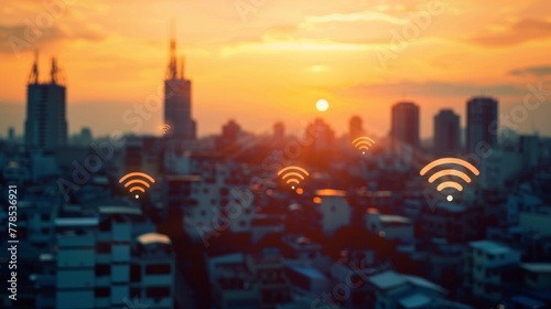 Smart city town with wi fi connection network wallpaper background © Irina