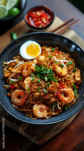 Malaysian Mee Goreng Mamak with Halal Chicken, Delicious food style, Horizontal top view from above