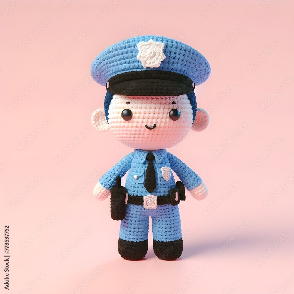 Ai Generated Crochet doll a Police cute excited funny smiling wearing uniform and equipment, is standing, 3d render Ai Generated Crochet doll a Police cute excited funny smiling wearing uniform and equipment, is standing, 3d render