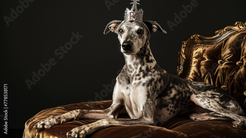 An elegant greyhound wearing a sleek, silver birthday crown, sitting regally on a luxurious velvet cushion.