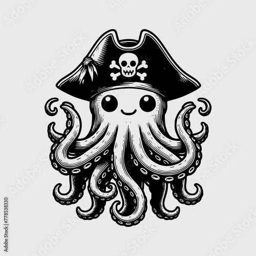 cute pirate octopus wearing hat with weapon vector illustration