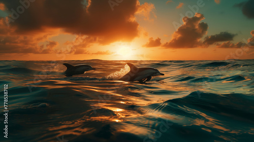 Delphine schwimmen und im Meer, Blick vom Boot im Abendrot