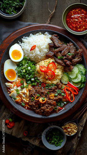 Malaysian Nasi Kerabu with Halal Beef, Delicious food style, Horizontal top view from above
