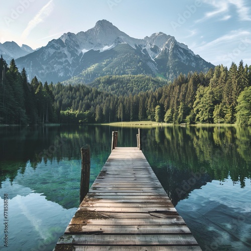 Dock on lake surrounded by trees and mountains in the background.