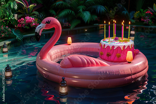 A giant, inflatable flamingo pool floatie in the shape of a birthday cake, complete with candle-like protrusions.  photo