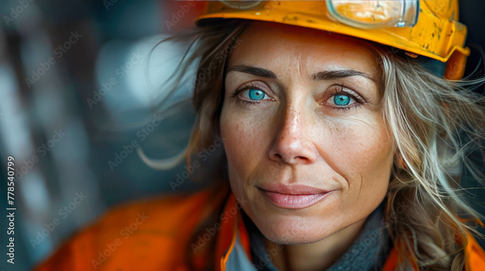 Portrait of a young female worker in a hard hat and yellow jacket Portrait of a young female worker in a hard hat and yellow jacket