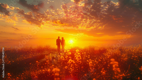 Couple in love walking on the meadow at beautiful sunset