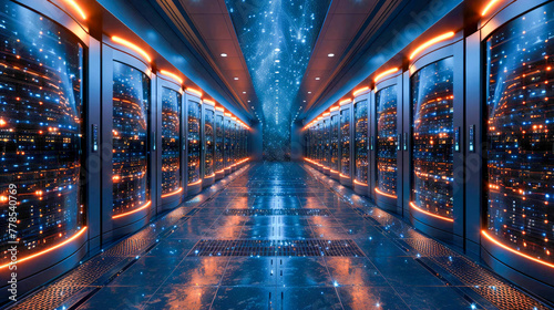 Futuristic server room with bright lights. Data center concept