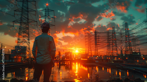 Worker in front of high voltage electricity pylons at sunset