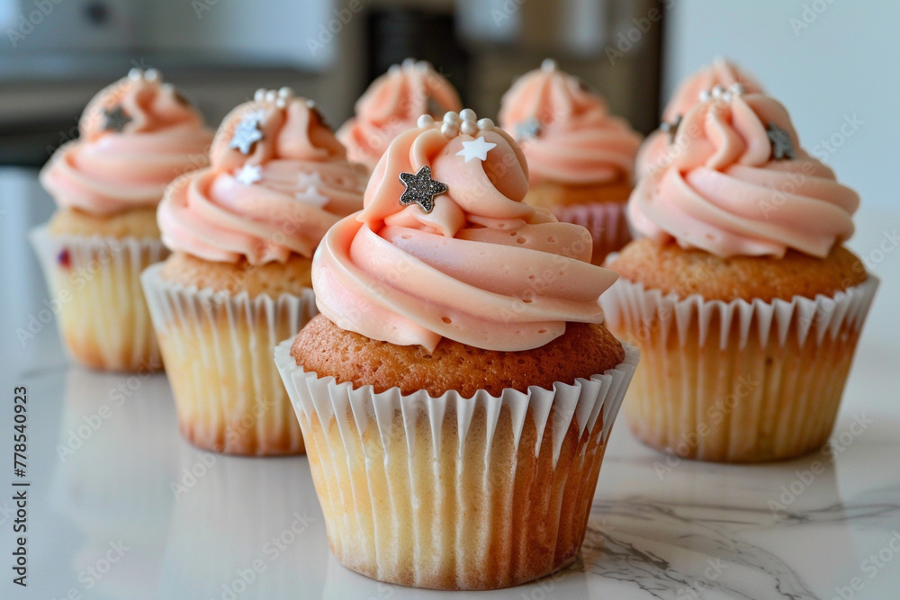 A row of miniature birthday cupcakes topped with pastel pink frosting and tiny silver edible stars, arranged on a white marble countertop under natural light.