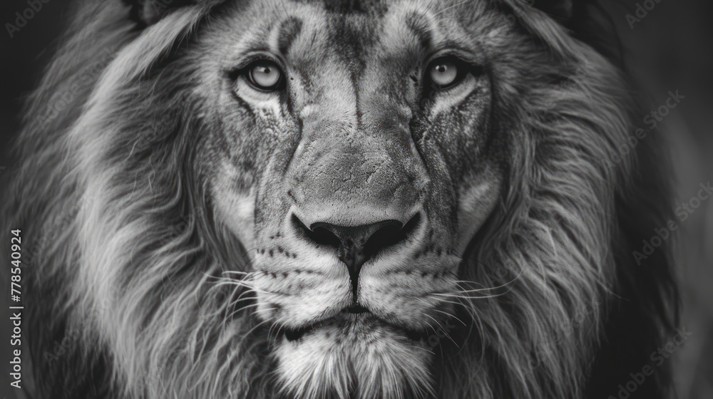 Lion face on monochrome color black and white Image on dark background. AI generated image