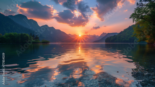A beautiful sunset over a calm lake with a rocky shoreline