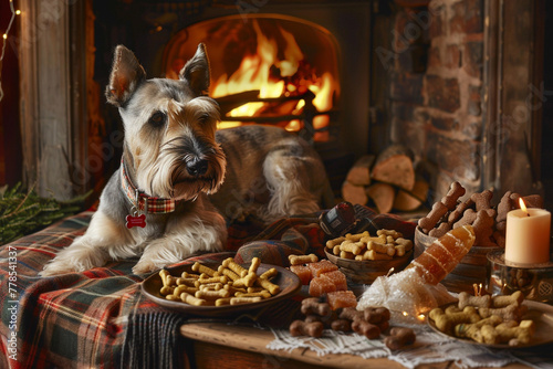 A Scottish Terrier on a tartan blanket, surrounded by a selection of traditional dog treats, including haggis-flavored chews, in a cozy cottage setting.