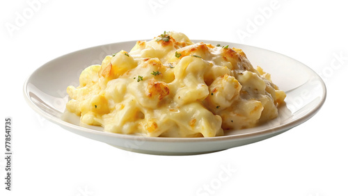 White plate of cheesy potato on transparent background.